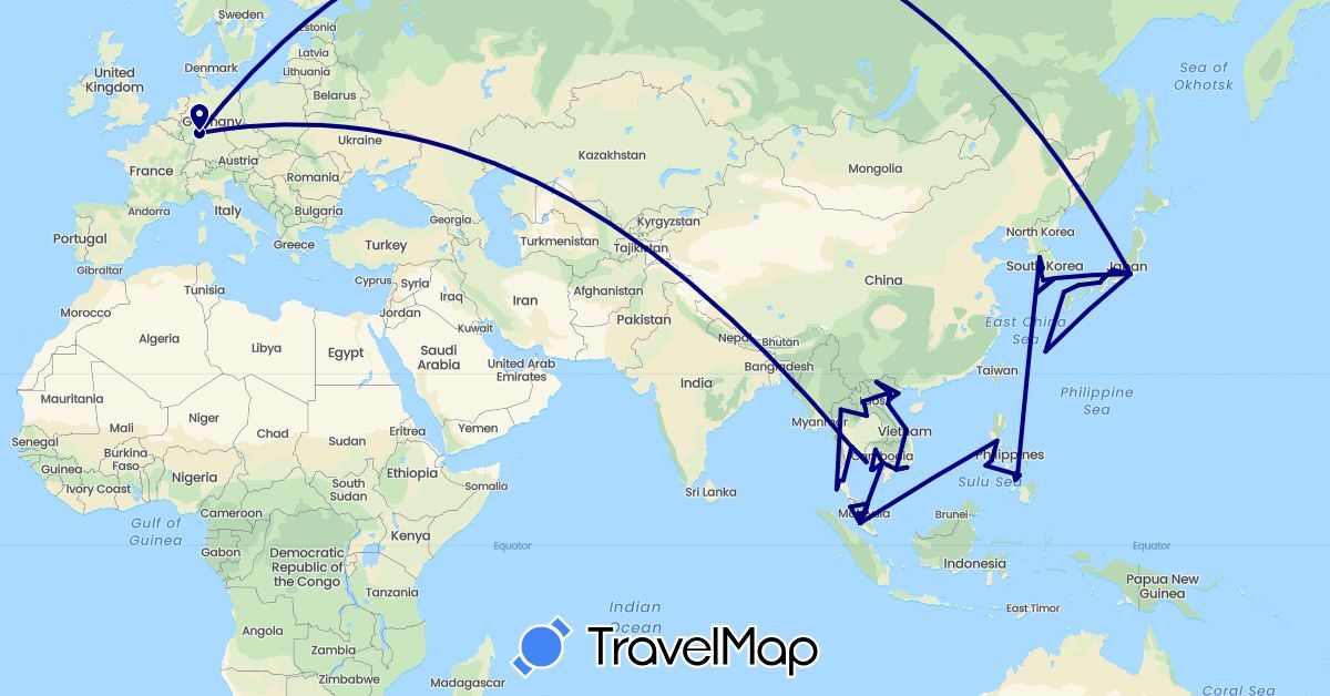 TravelMap itinerary: driving in Germany, Japan, Cambodia, South Korea, Laos, Malaysia, Philippines, Thailand, Vietnam (Asia, Europe)